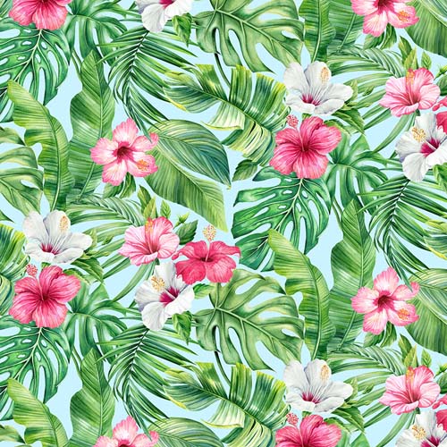 Coastal Breeze - Hibiscus - Turquoise/Multi - flowers & leaves on light blue