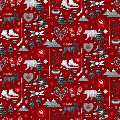 Flannel - Cozy Up - Winter Play - Red - winter motifs on red