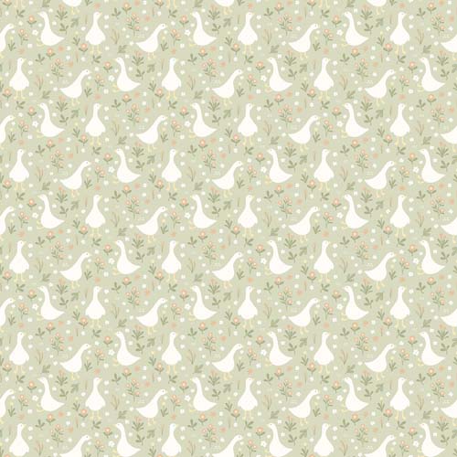 Silly Goose Flannel - Goose and Flowers - Sage - geese & flowers on pale green