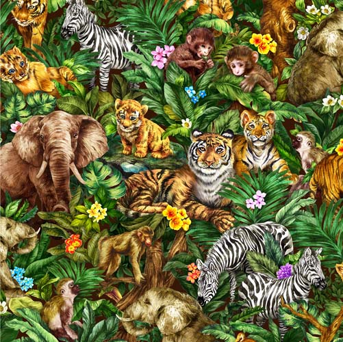 Jangala - Allover Jungle- Multi - jungle animals and babies on leafy backgr
