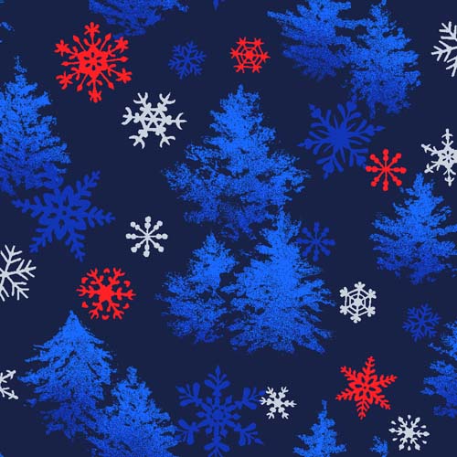 Noel 2023 - Trees & Snowflakes- Blue - blue trees w/ red&blue snowflakes on navy