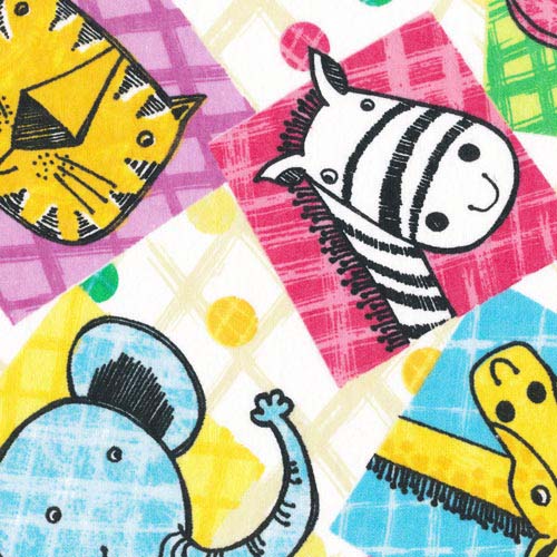 Flannel - Animal Squares - - White -  animals in colored squares on white