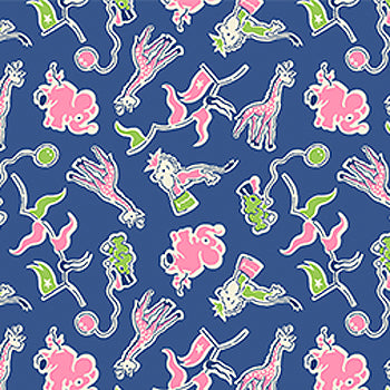 Toy Chest - 1930s Pink Green and Dark Blue Tossed Animals on Dark Blue