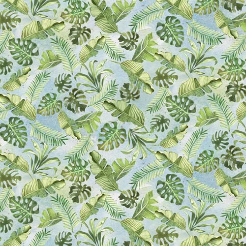 Baby Safari Animals - Leaves -Green - green tropical leaves on light blue