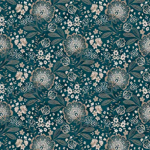 108" Wide Back - Elizabeth - Jacobean Allover - Dark teal - Gray floral on tea
