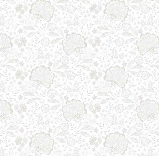 108" Wide Back -  Elizabeth - Jacobean Allover- White - lt gray floral on white