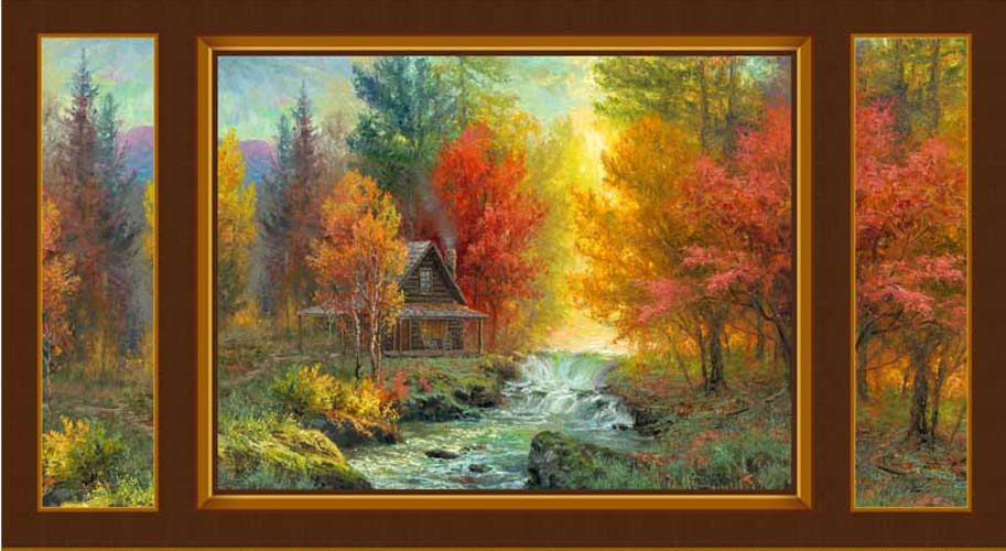 Autumn Retreat - 24in.  PANELCabin by the stream - Cabin in Autumn