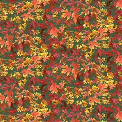 Autumn Retreat - Fall Leaves -Green - fall leaves & flowers on dark green