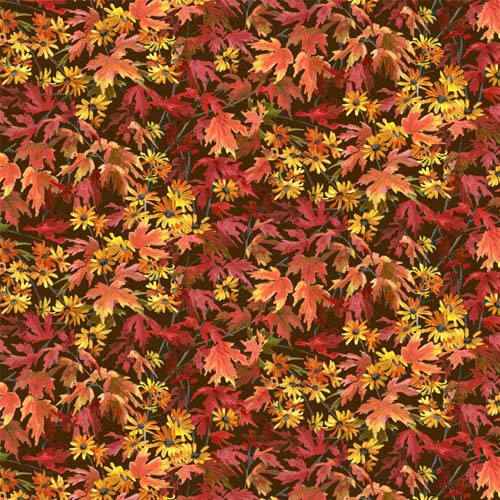 Autumn Retreat - Fall Leaves -Dark/ Multi - fall leaves & flowers on dark brown
