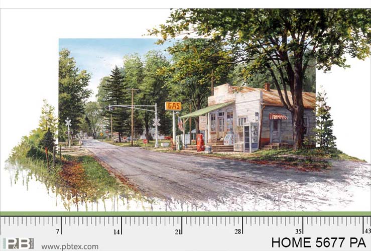 Hometown - 24in PANEL - Vintage Gas Station w/ RR crossing