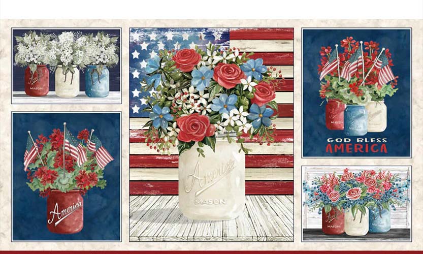 Farmhouse Americana - PANEL 24in. - red white & blue Bouquets