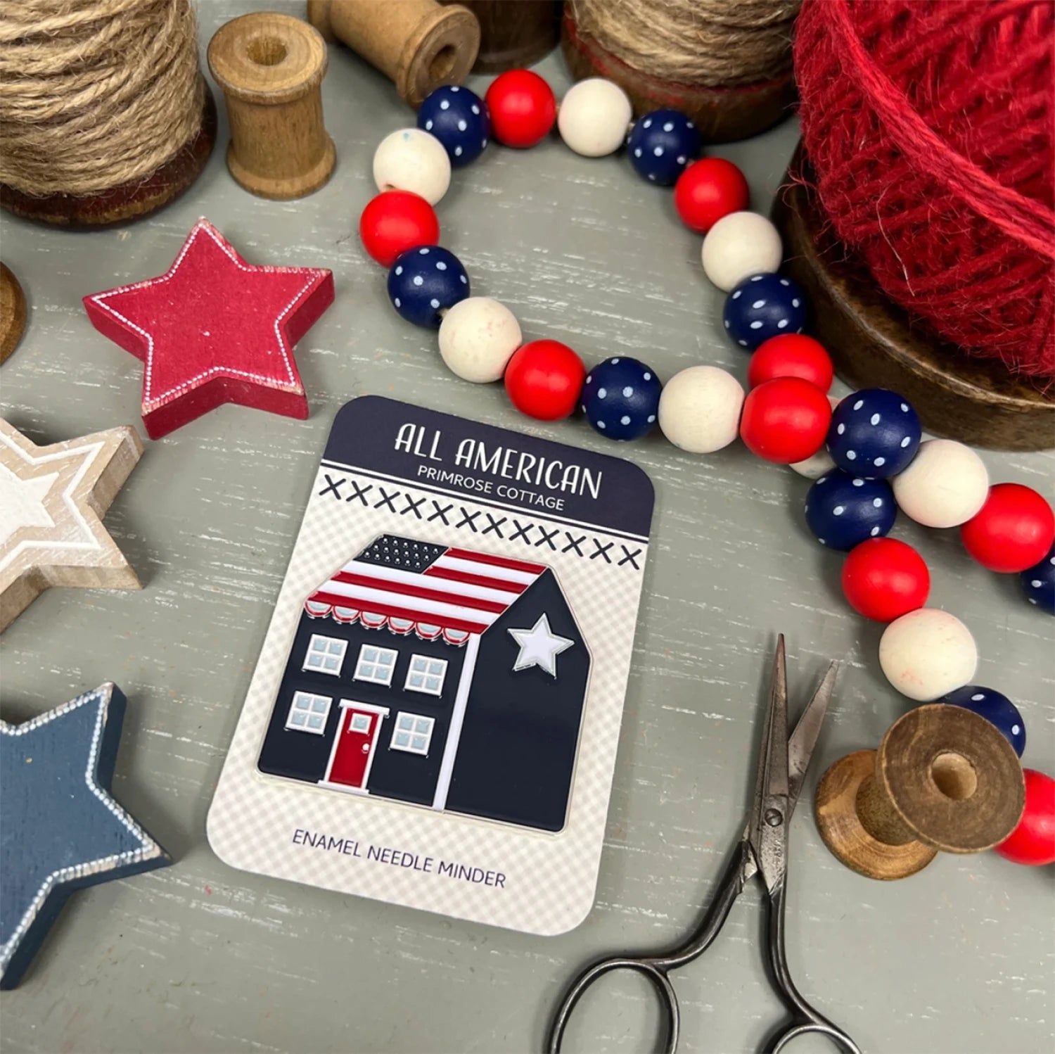 Primrose Cottage - Needle Minder -  Enamel  - Patriotic House - PCM-003