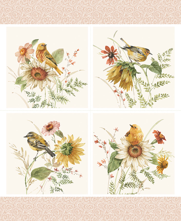 Sunflower Whispers - PANEL 1 yd. - four smaller patches - flowers & birds