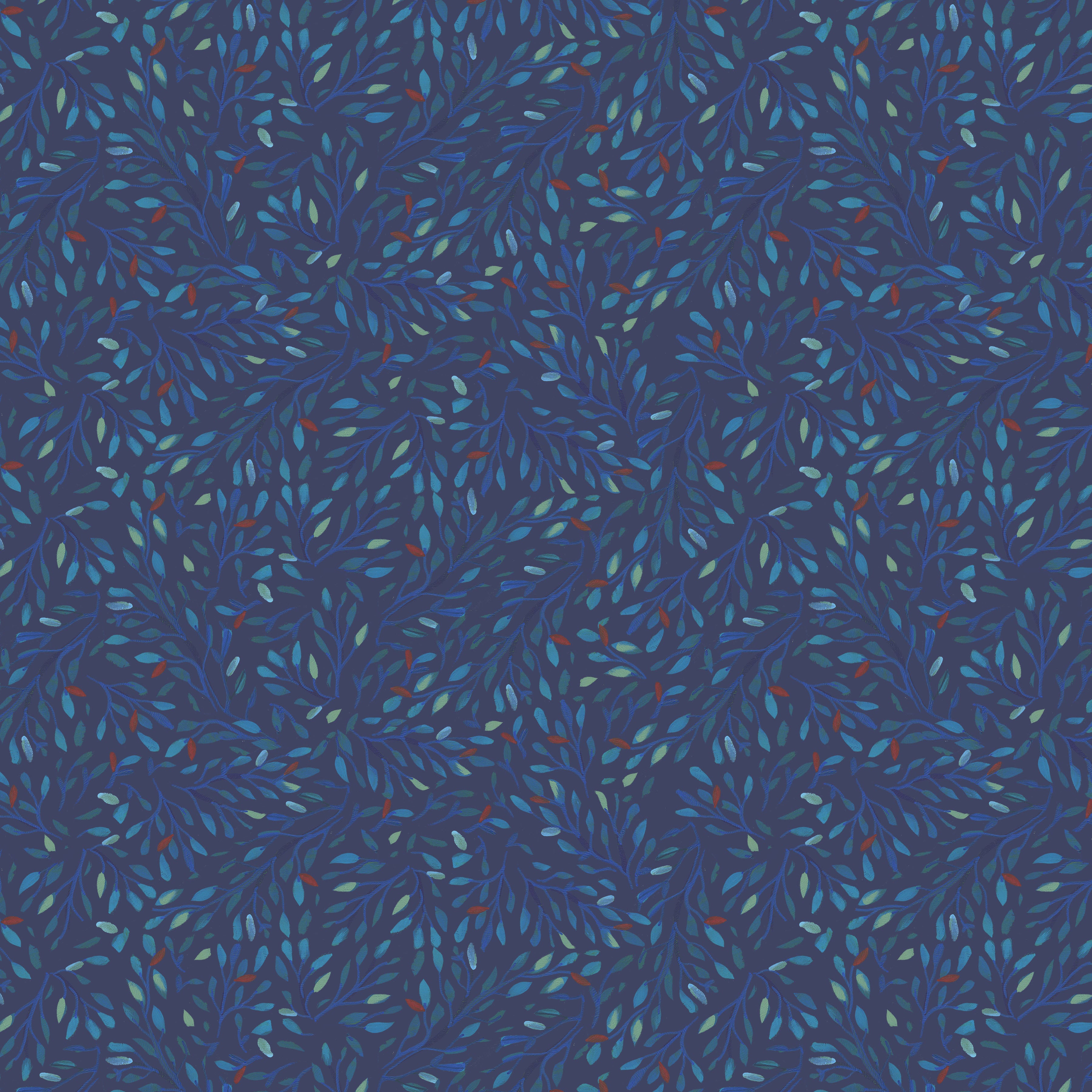 Backyard Wonder - Treetops in Blue - Navy - multicolored leafy branches on navy