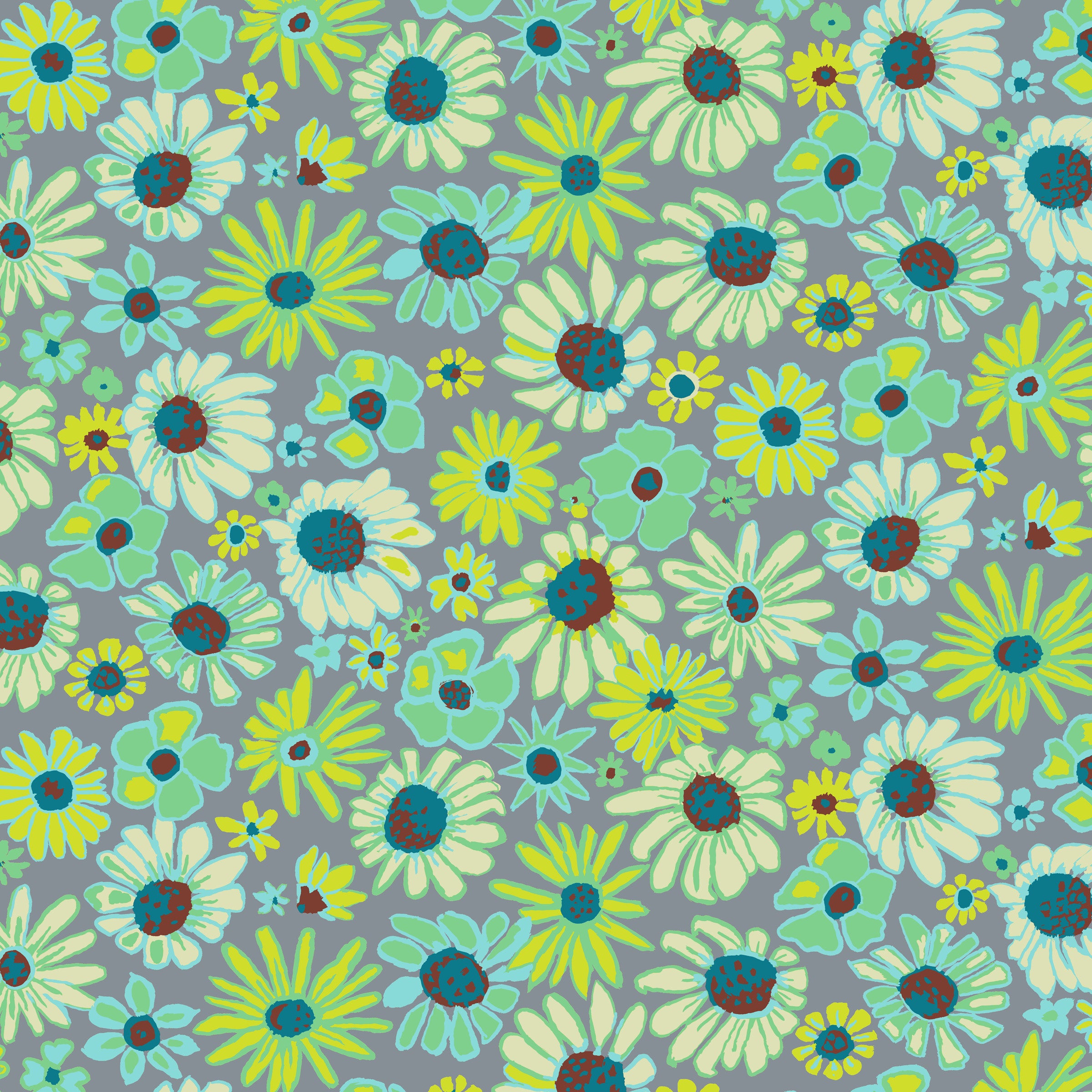 Kaffe Collective - August 2024- Bloomers - Grey - lt blue & green flowers on gre