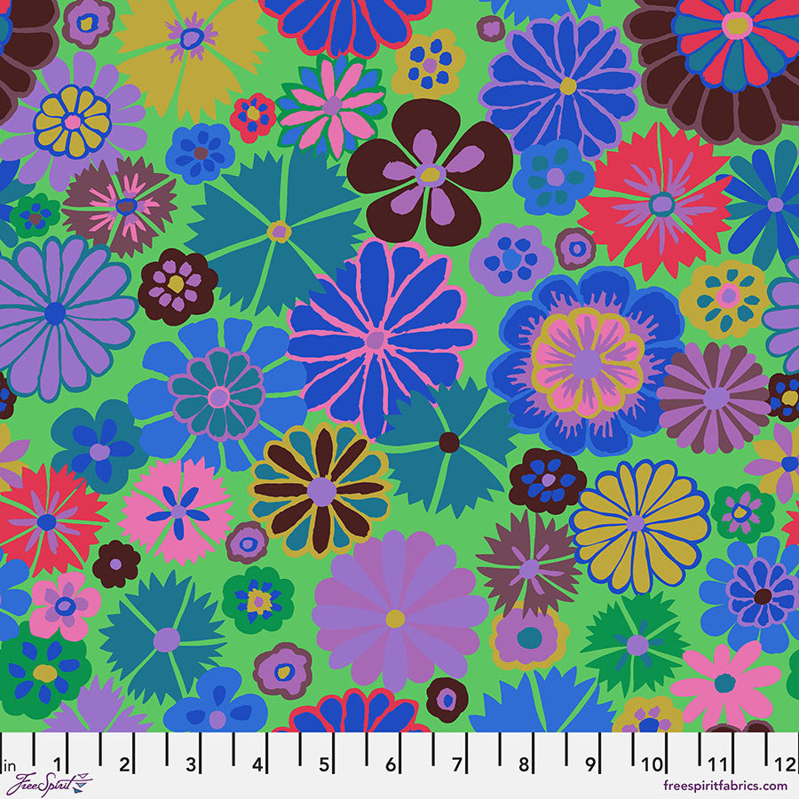 Kaffe Collective - August 2024- Folk Flower - Blue- blue flowers on lime green