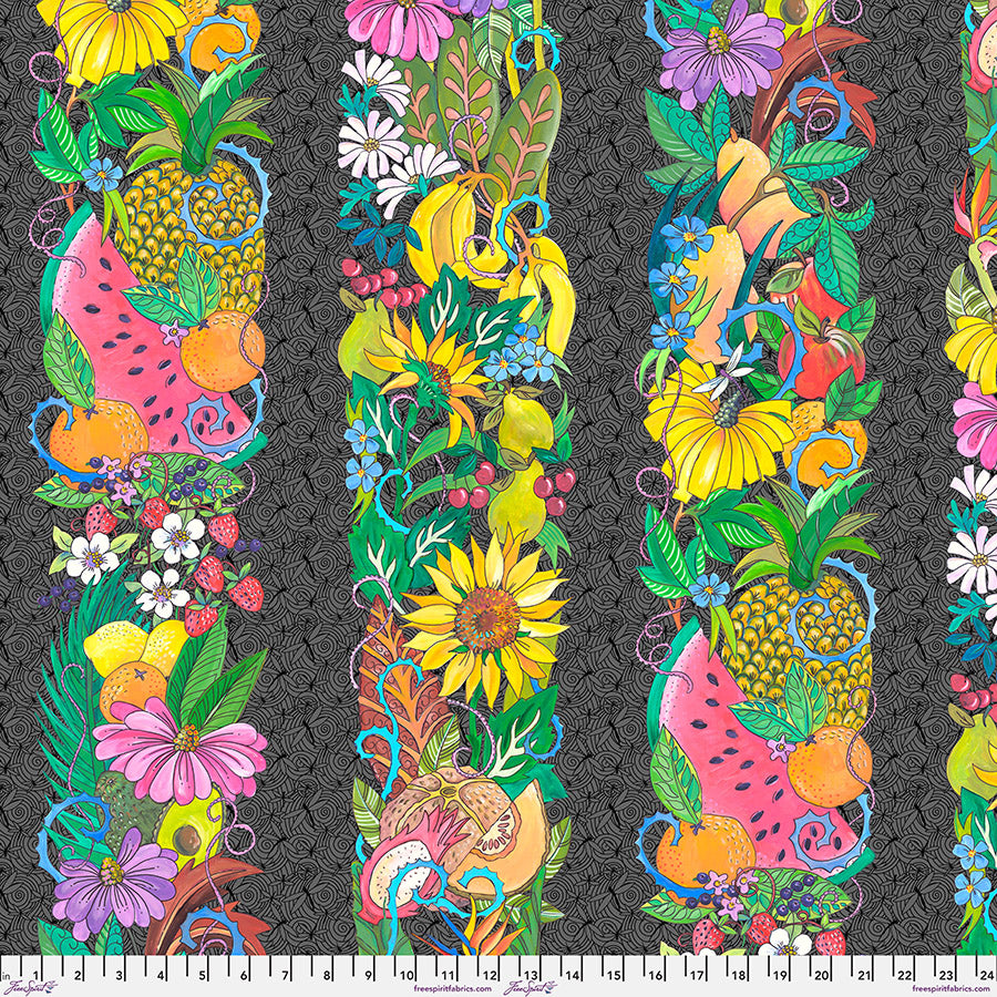 Fruitopia - Fruitopia Border -  Charcoal - flowers & fruit  border stripe