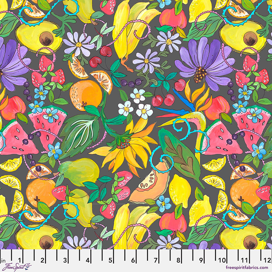 Fruitopia - Fruit Salad - Charcoal - flowers & fruit on Dk Gray