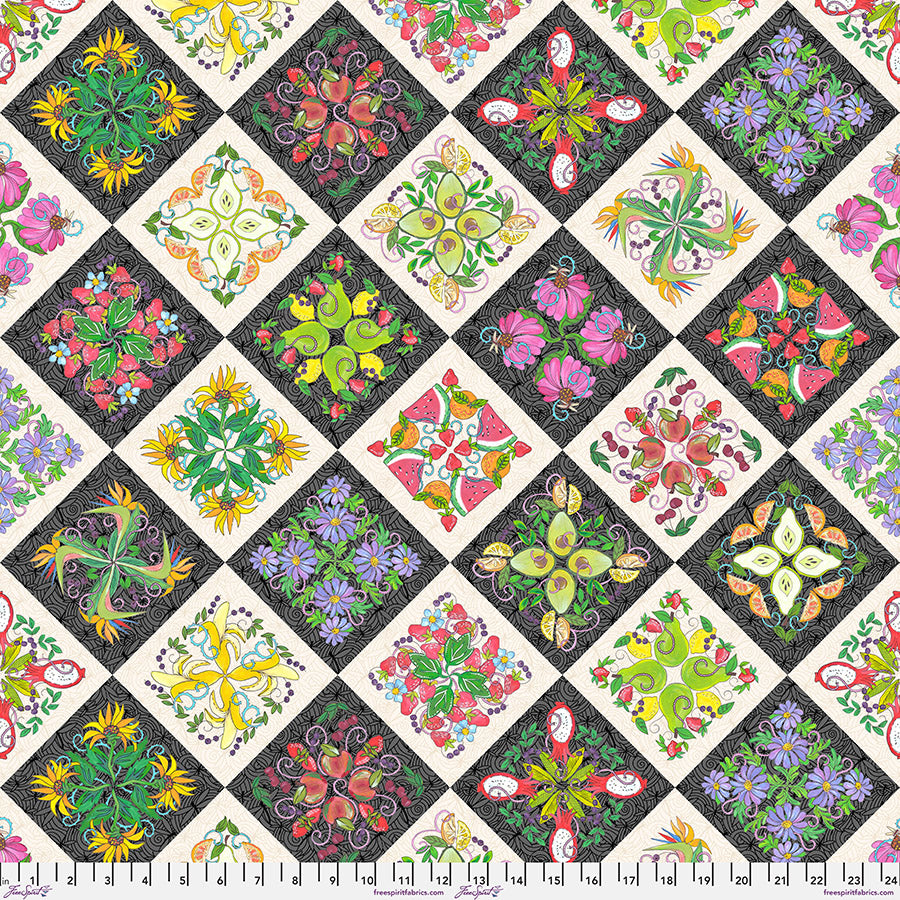 Fruitopia - Fruit Mandala - Multi - various fruit in black & white diamonds
