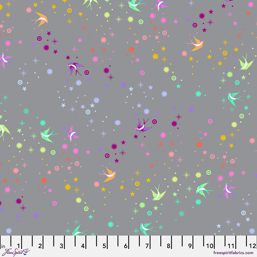 Tula's True Colors - Fairy Dust - Shadow - birds& stars on gray - Tula Pink