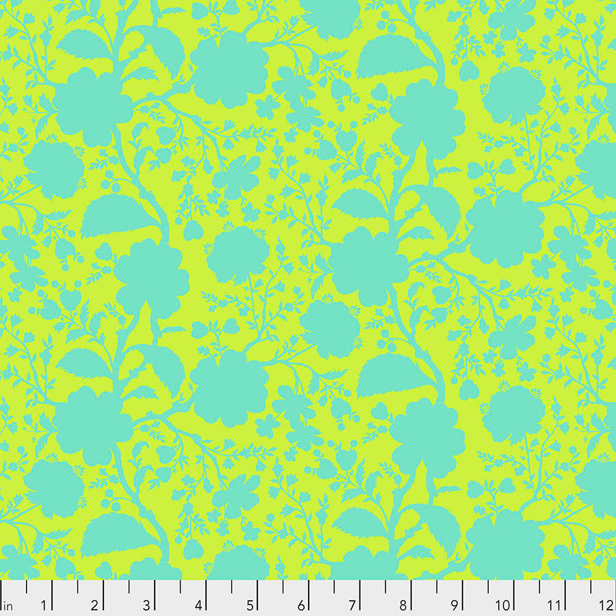 Tula's True Colors, WildflowerSpring, Aqua on lime green by Tula Pink
