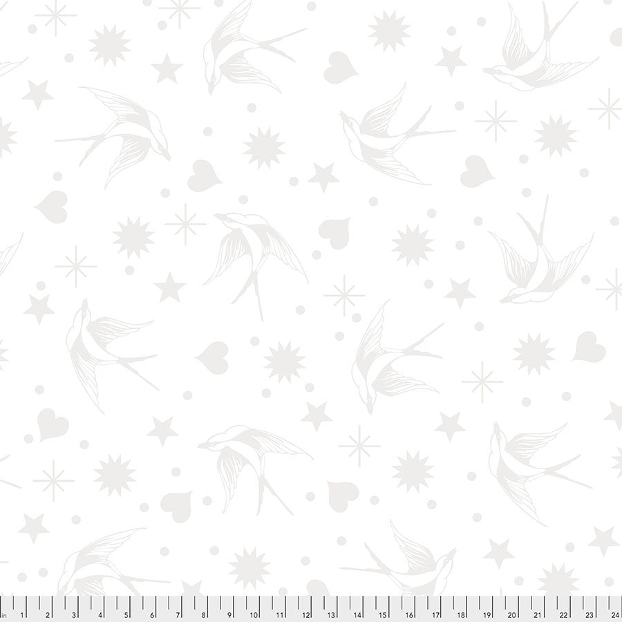 Linework - Fairy flakes - Paperbirds, hearts, stars & suns on white by Tula Pink