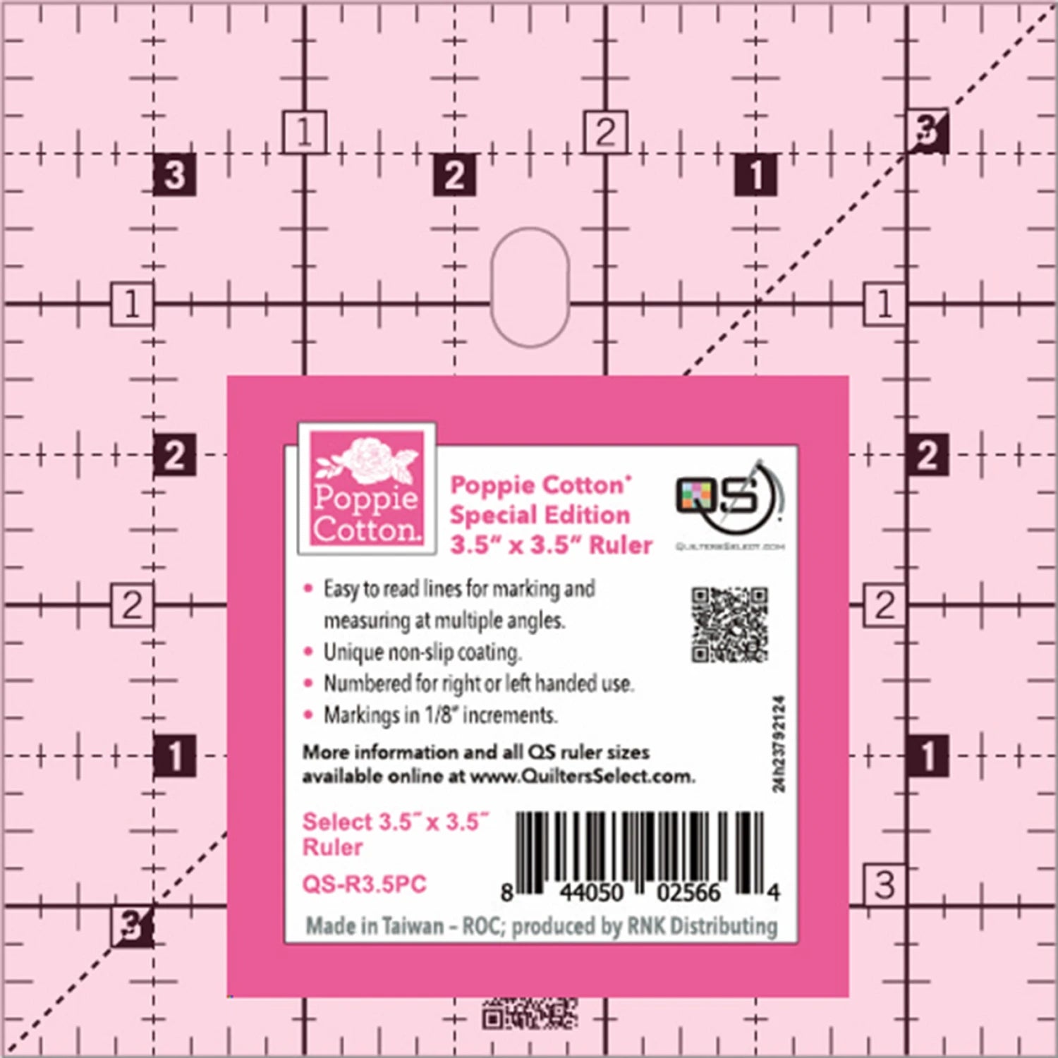 Quilters Select - 3.5 x 3.5 inch - Pink Poppie Cotton non slip ruler - QS-R35PC