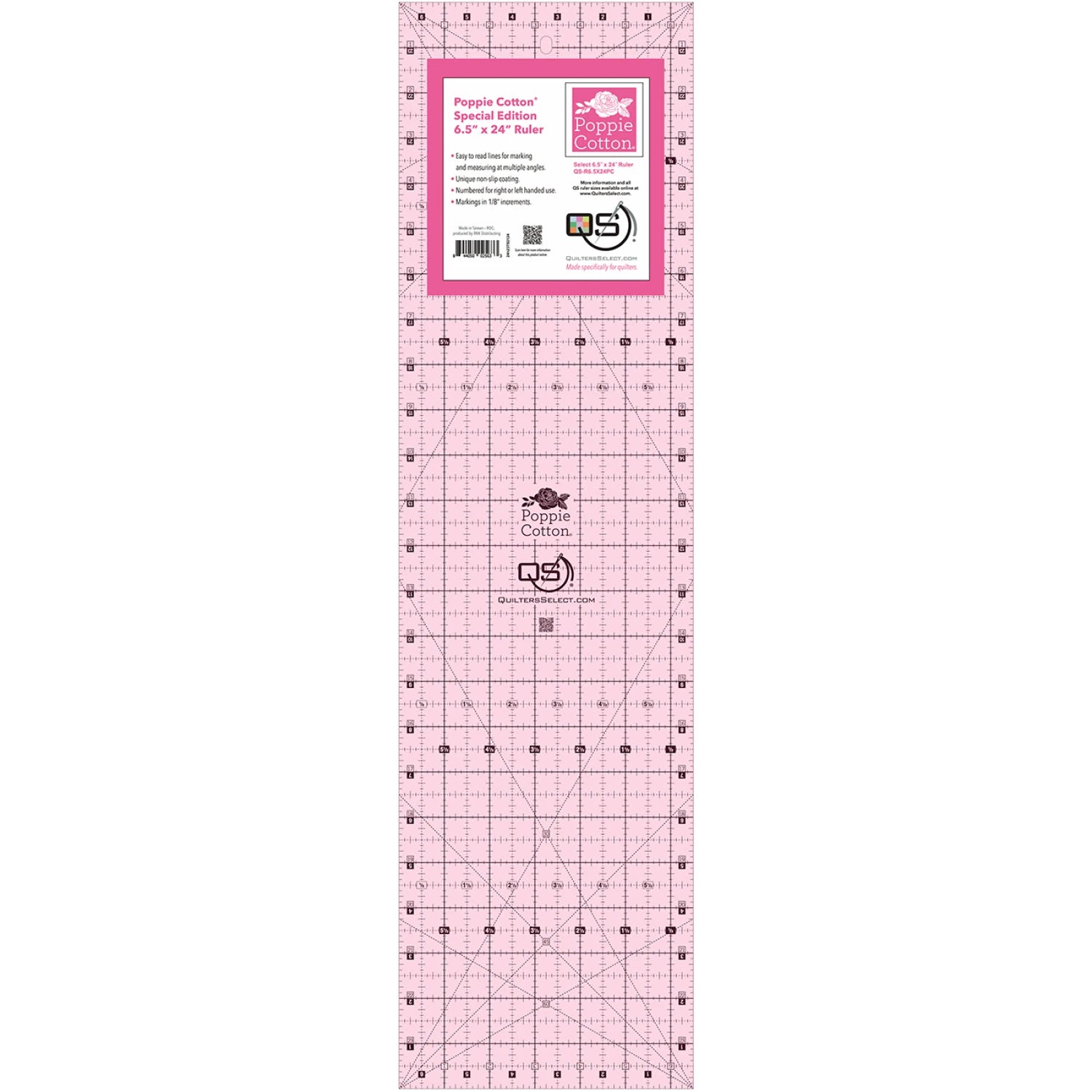 Quilters Select - 6.5 x 24 inch - Pink Poppie Cotton non slip ruler - QS-R65X24PC