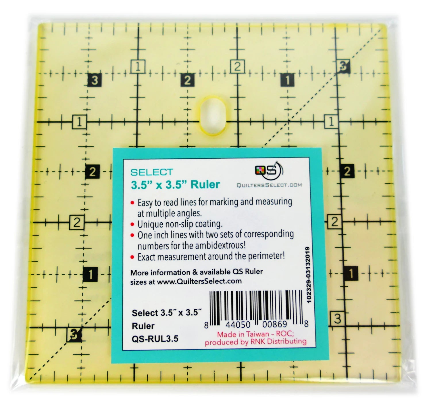 Quilters Select - 3.5 x 3.5 inch Non slip ruler - QS-RUL35