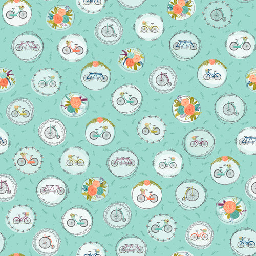 Scenic Route - Bike & Floral Medallions - Aqua by Alicia Jacobs Dujets