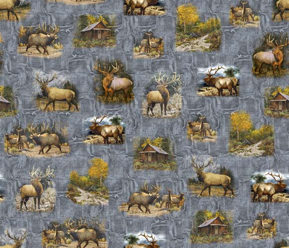 Wild Elk - Elk Vignettes - Chambray - elk and nature scenes on blue gray