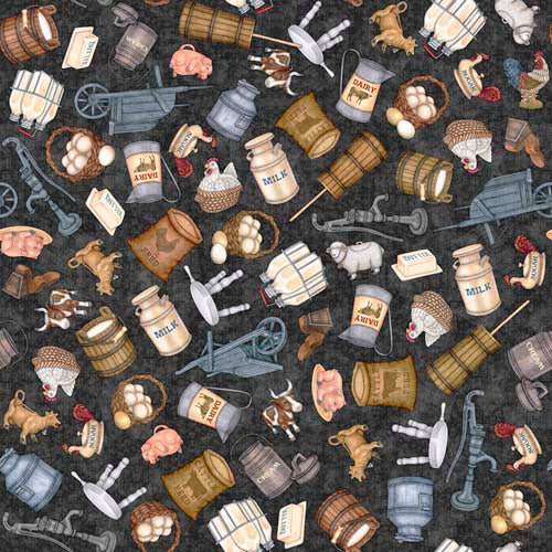 Greener Pastures - Farm Toss -Charcoal -  Tossed vintage farm collectibles