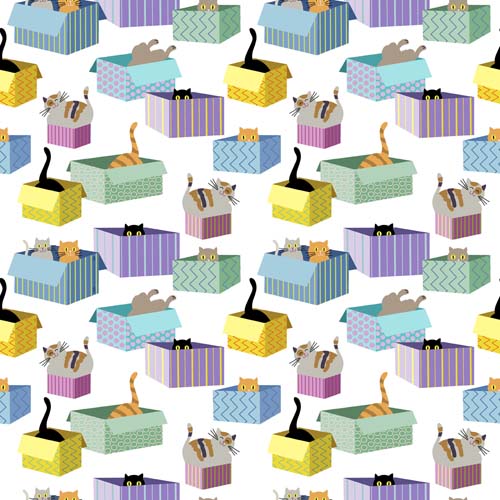 Cat in the Box - Cats & Boxes- cats playing in multi colored boxes on white