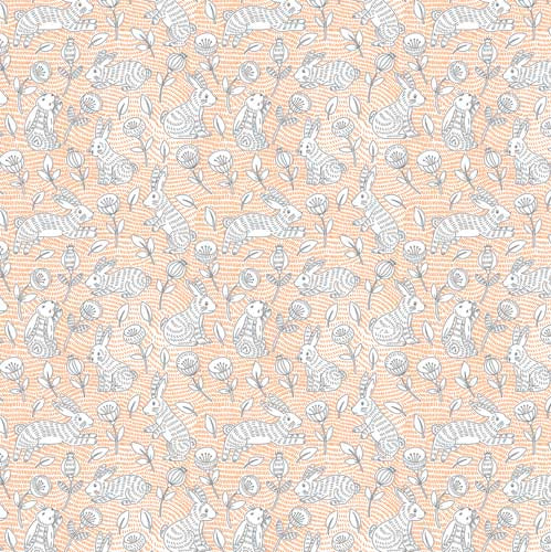 Hippity Hop - Linear Bunnies - Orange -gray bunnies & flowers on orange