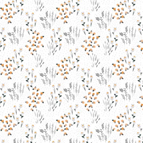 Hippity Hop - Wildflowers -White - orange & gray flower clusters on white