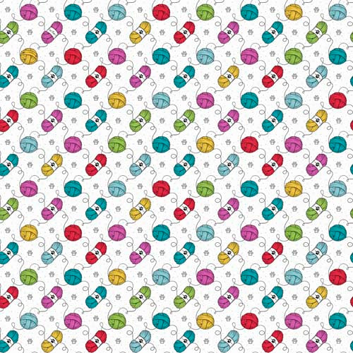 Cat Flat - Yarn -White -Multi colored skeins of yarn & paw prints on white
