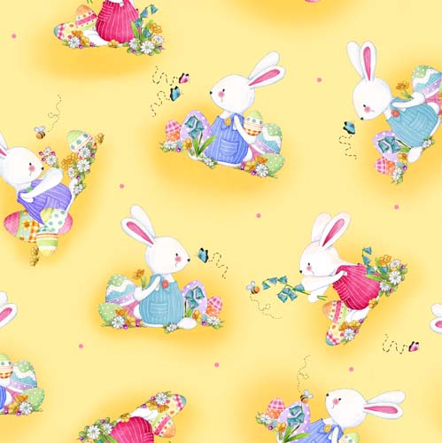 Bunny Wishes - Bunny Vignettes Yellow -  bunnies with eggs on yellow