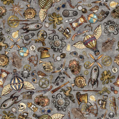 Steampunk Adventures - Steampunk Toss - Gray - Victorian motifs, gears, etc