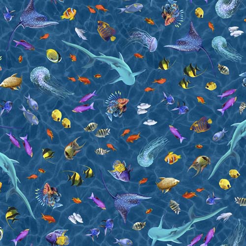 Treasures at Sea - Spaced Sealife - Dark Blue - tossed sea animals on dk blue