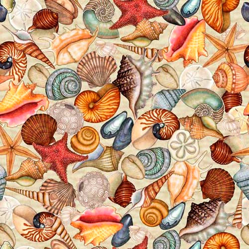 Endless Blues - Packed Seashells - Cream - varied colorful seashells on sand