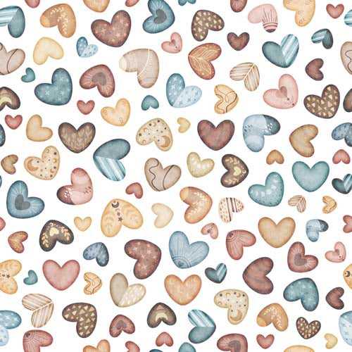 Bear Hugs - Heart Toss - White - tossed hearts in blue,tan, dusty rose on white