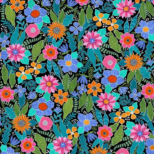 Flowerful - Large Floral and Leaves - Black - bright floral on black