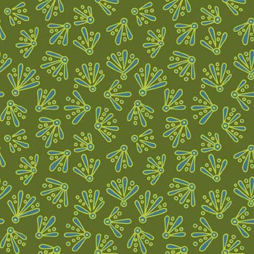 Cactus Garden - Geo - Olive - tossed teal flowers on olive green