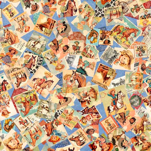 Hey Cowgirl - Cowgirl Collage- Blue - various cowgirl patches on blue