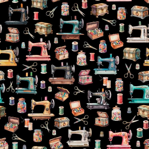 In Stitches - Everything Sewing - Black - sewing machines, boxes, etc on black