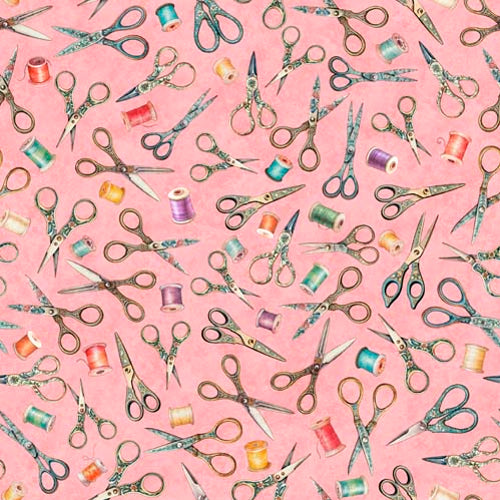 In Stitches - Scissors - Pink - scissors & thread on pink
