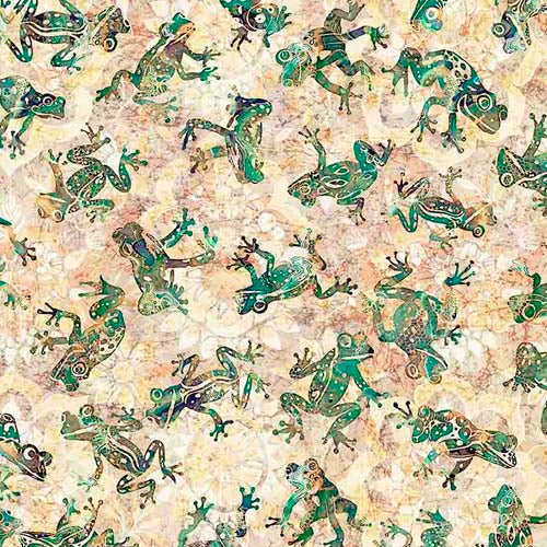 Wild Wood - Frogs - Peach -  tossed green frogs on cream/peach