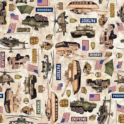 Patriot - Army allover- Tan - army motifs on tan