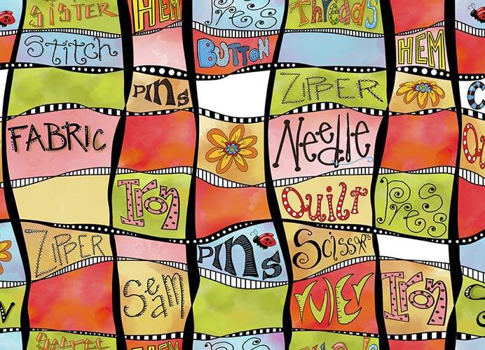 Whimsical Quilter - Quilters Lingo Patchwork - Multi - sewing words on patchwork