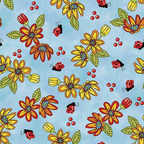 Whimsical Quilter - Floral - Blue - tossed floral & ladybugs on blue